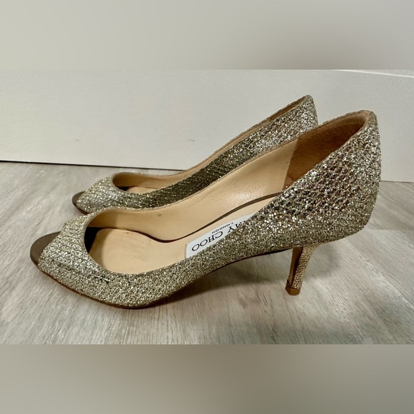 Jimmy Choo Open Toe Champagne Metallic Silver Heels Sz 34 - Picture 7 of 12